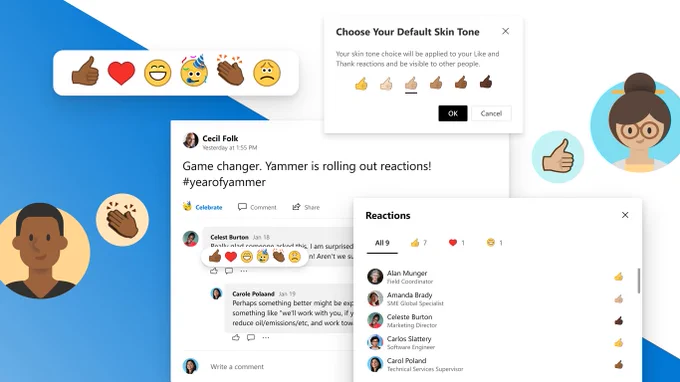 An infographic showing the ability to select skin tones within Yammer Reactions. 