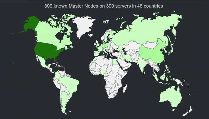Map over HTH masternode locations - 399 nodes in 48 countries!
