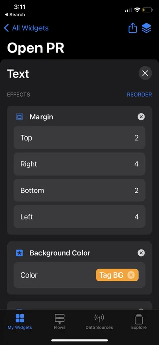 A screenshot of the Widget Designer with a new bottom sheet and an “Effects” section when editing an element (ooo what could that be?) There are two effects visible, Margin and Background Color.