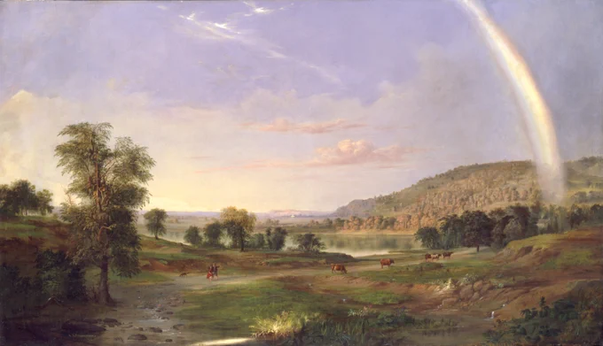 Painting of a field with trees, cattle, and two people below a blue sky and a rainbow.