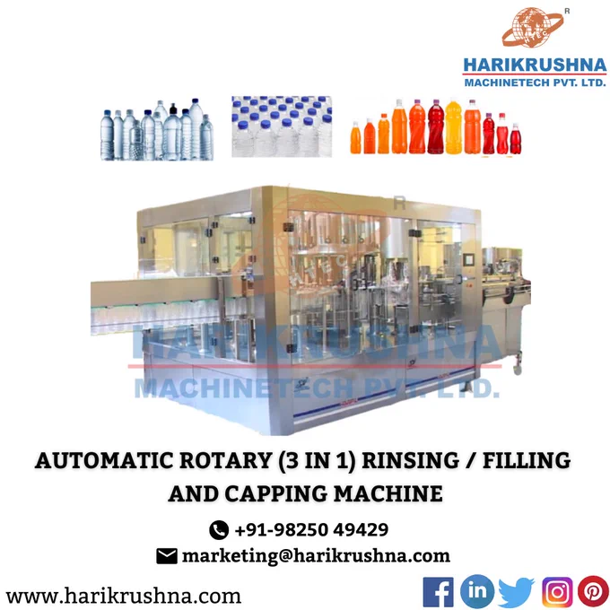 The 3 in 1 Trio-block (Rinsing, Filling & Capping) System consists of main structure, air conveyor, bottle rinsing unit, bottle filling unit, bottle capping unit, cap bowl with a transfer system, star plate, product transmission belt with an adjustable guide, Safety acrylic cover, AC drive, the motor with gearbox, electrical panel, PLC & HMI.