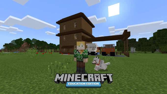 A woman and her dog stand in front of a two-story house featuring a carport in Minecraft: Education Edition.