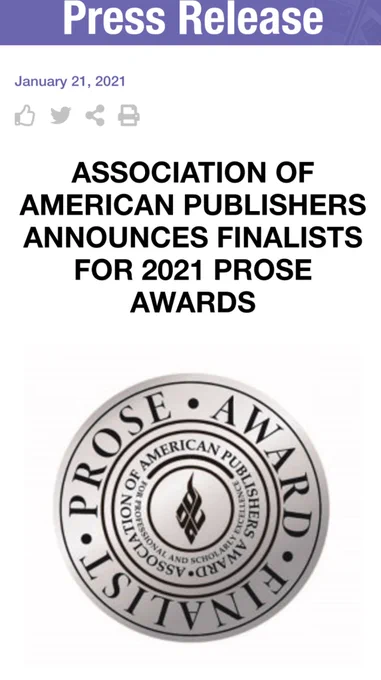 The headline ASSOCIATION OF AMERICAN PUBLISHERS ANNOUNCES FINALISTS FOR 2021 PROSE AWARDS

With the logo of the AAP below that text. A silver button with a stylized calligraphy flame in the middle