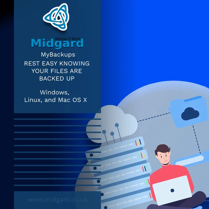 A graphic image of a man sitting cross legged with a laptop infront of a graphic showing servers and folders in front of a cloud to represent back ups. 