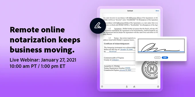 Purple gradient background with a purple outlined tablet and a signed document up. "Remote online notarization keeps business moving."