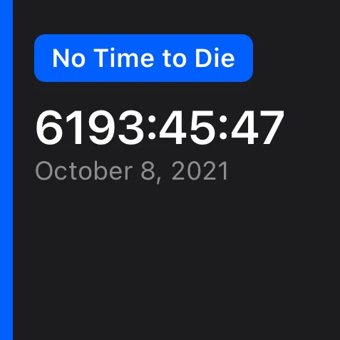 A screenshot of a countdown widget for the movie "No Time to Die".