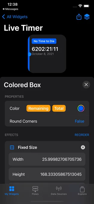 A screenshot of the widget designer with a "Colored Box" element selected, and a bottom sheet visible with all of its configuration options.
