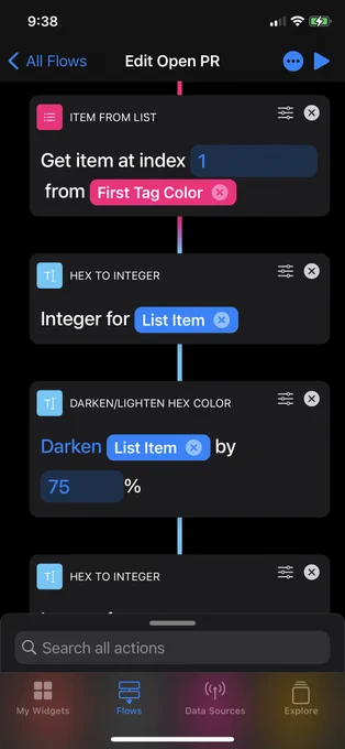 A screenshot of the flow that powers the GitHub widget. It shows both the "Hex to Integer" and "Darken/Lighten Hex Color" actions in use.