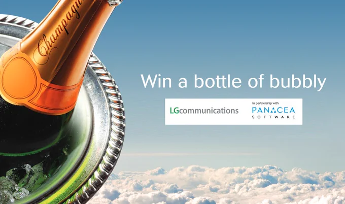 Win a bottle of champagne - LGComms and Panacea logos on a background of sky and clouds with a bottle of champagne to the left of the image.