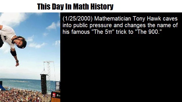 (This Day in Math History - 1/25/2020) Mathematician Tony Hawk caves into public pressure and changes the name of his famous "The 5π" trick to "The 900."