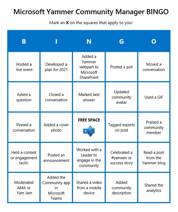 A Yammer BINGO card.