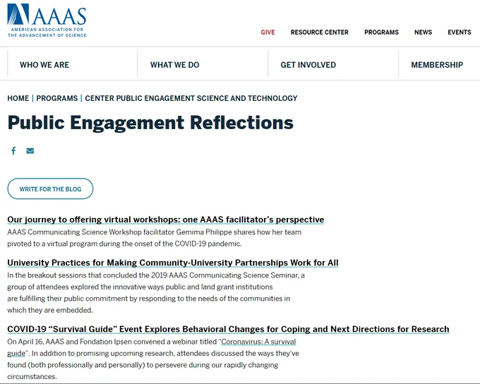 screenshot of the AAAS Public Engagement Reflections Blog