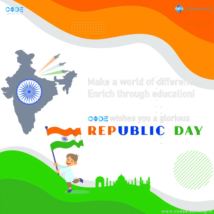 Wish you all "Happy Republic Day" from Code E Learning family.

Wisdom – comes not from age, but from education and learning.
#republicday #codeelearningwishes #codeelearning #codeelearningrepublicday #republicdaycode
#students #elearning #parents #schooladmissions #principals
https://codeelearning.in