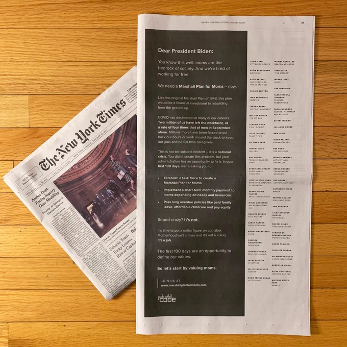 Photo of Girls Who Code's full-page New York Times ad. It's a letter that starts with Dear President Biden.