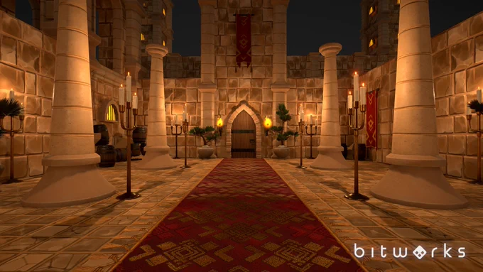 An interior courtyard, facing a door to the throne room stairs.