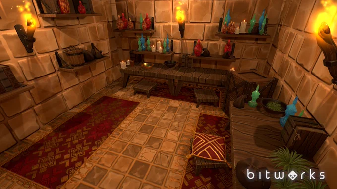 A small apothecary; strewn with potions, books, and plants.
