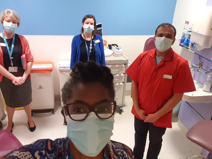 Lead Healthcare Scientists at BHR Hospitals photographed in the blood tests area at Queen's Hospital with Jay, one of the Lead phlebotomists.