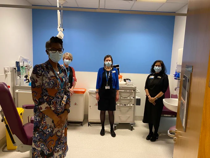 Lead Healthcare Scientists at BHR Hospitals NHS Trust photographed in the blood tests area at Queen's Hospital with the Pathology Service Manager.