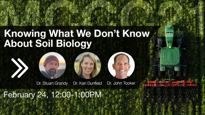 Graphic for MCCC Conference session "Knowing What We Don't Know About Soil Biology" on February 24, 12:00-1:00PM