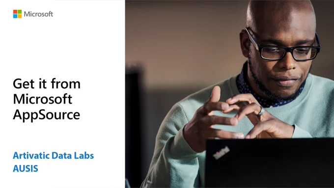 Text reads, "Get from Microsoft AppSource. Artivatic Data Labs. AUSIS." Person working on Think Pad.