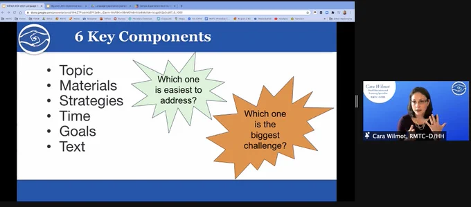 Zoom screenshot with Cara Wilmot on video and a slide titled, 6 Key Components and bullets that read topic, materials, strategies, time, goals, and text. Emphasis stars ask Which one is easiest to address? and Which one is the biggest challenge?