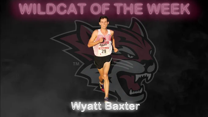 Men's distance runner Wyatt Baxter, Chico State Athletics Wildcat of the Week for February 16, 2021, pictured in action on a graphic featuring neon-stylized text that reads: "Wildcat of the Week" on top and "Wyatt Baxter" on the bottom. The image also includes a Wildcat head logo and a smoke effect in the background.