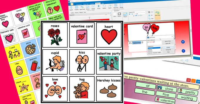 A collage of four resources from resourceSET with Valentine themed content - a Bingo card, a vocabulary card, a valentine card making Clicker activity and a poem sentence set activity.