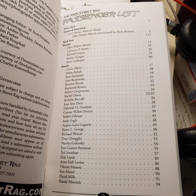 Table of contents for main street rag with poets listed including @msdixon for 2 poems