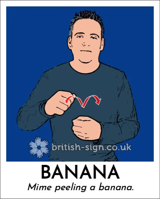 Illustration of person signing the BSL sign for "banana" with the caption "Mime peeling a banana.".