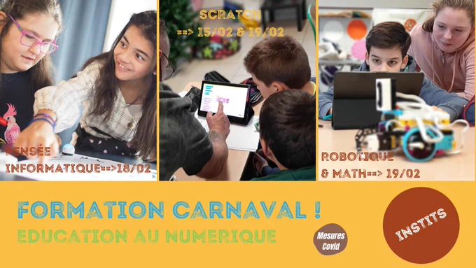 PROGRAMME:
 🔵 Découvrir la pensée informatique avec Ozobot (Présentiel): un programme ludique pour permettre aux élèves de comprendre comment fonctionne le monde numérique, et en devenir des acteurs ! ==> 18/02 (9h00-16h00) et 10/03 (14h00-18h00)
 🟡 La robotique au service des mathématiques (Présentiel): Aborder le programme de mathématiques à travers un projet robotique sur toute l'année, c'est possible ! Une approche ludique pour remotiver les élèves et aborder les mathématiques de manière concrète ==> 19/02 (9h00-16h00) et 03/03 (14h00-18h00)
 🟢 Une introduction courte à Scratch et Code.org (2x2 heures)
