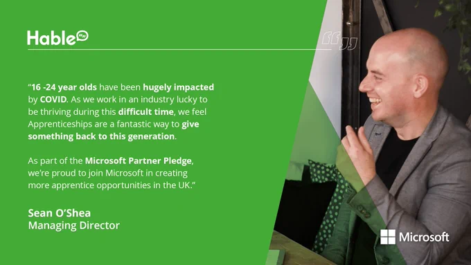 Photo of our MD, Sean O'Shea, with a quote about our commitment to apprenticeships. 