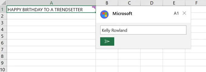 Photo of an Excel sheet that says "Happy birthday to a trendsetter" aka Kelly Rowland.