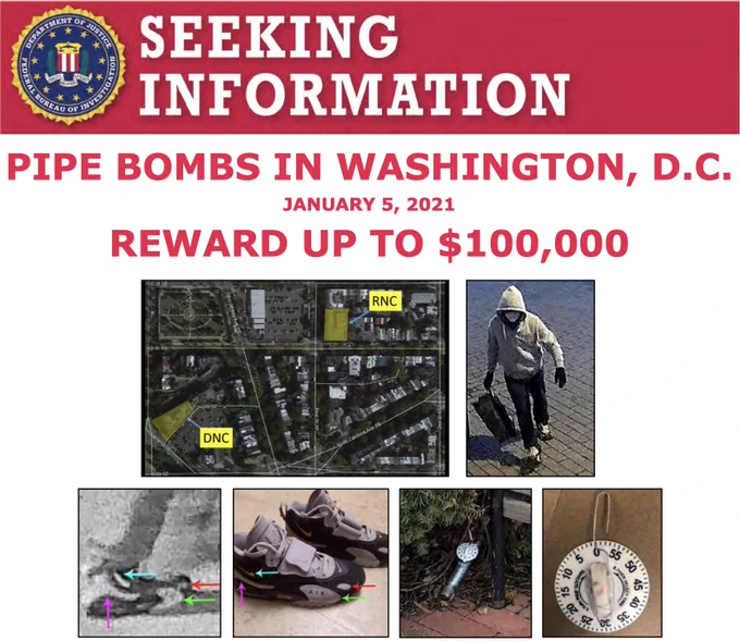 FBI seeking information poster for pipe bombs in Washington, d.c. reward up to $100,000 six images relevant to the case to download the poster click http://ow.ly/dd0350Dm1c5 