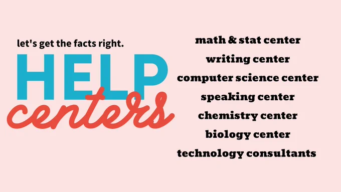 Help Centers available for students include the Math & Stats Center, Writing Center, Computer Science Center, Speaking Center, Chemistry Center, Biology Center, and Technology Consultants.