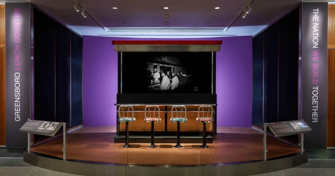 Piece of the Greensboro lunch counter with four stools on display at the museum.