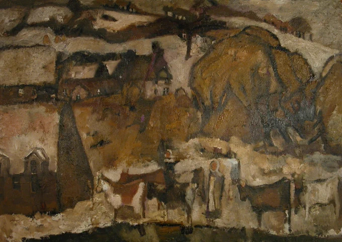 image of a haystack, with houses in the background and cows infront, dark colours with snow on hilltops.
