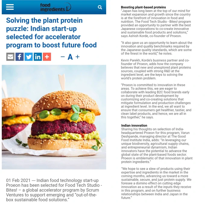 Proeon Foods makes it to Scrum Ventures Food Tech Studio Bites! Program. Food Ingredients 1st covers it. Varun Deshpande of The Good Food Institute talks about what this means for the plant-based protein sector in India.