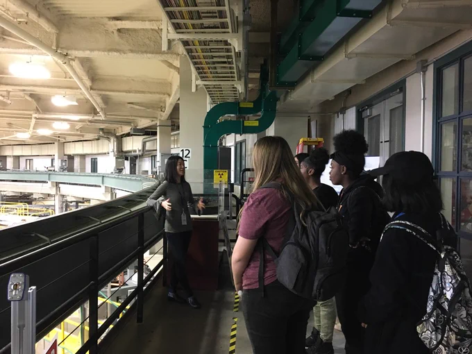Cindy Lee taking students on a tour of the Advance Light Source at Berkeley Lab 