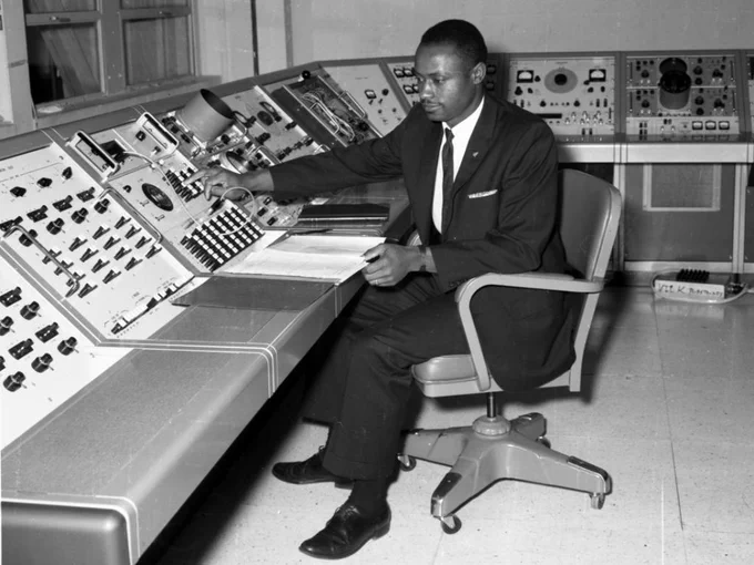 Aerospace engineer Earnest C. Smith in the Astrionics Laboratory at NASA Marshall
