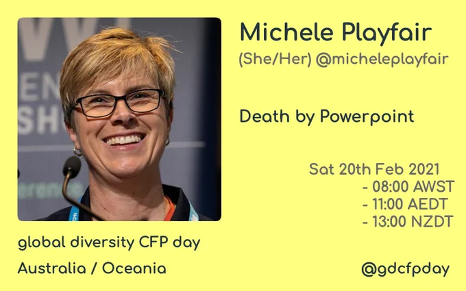 head shot of me along with conference details as seen in tweet, and the title of my short talk: Death by Powerpoint
