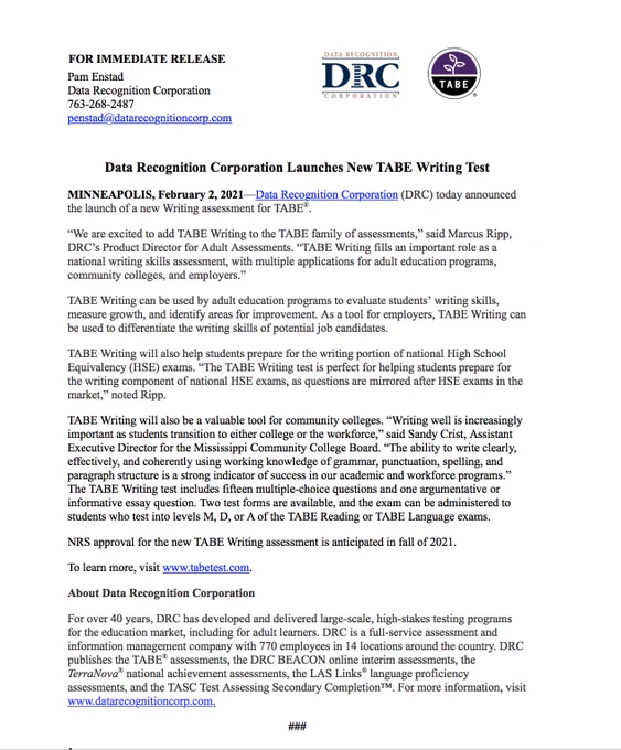 Data Recognition Corporation Launches New TABE Writing Test