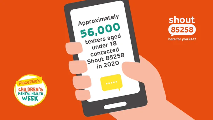 A cartoon of a hand holding a mobile phone. On the screen it says: "Approximately 56,00x0 texters aged under 18 contacted Shout 85258 in 2020". In the top right-hand corner is the Shout 85258 logo, with the tag line "here for you 24/7", and in the bottom left hand corner is Place2Be's Children's Mental Health Awareness Week logo