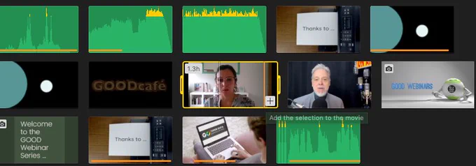 Montage of the editing screen from GOOD webinars Episode 1 - Guest speaker, Augustina De Luca, is highlighted in yellow at centre of montage.