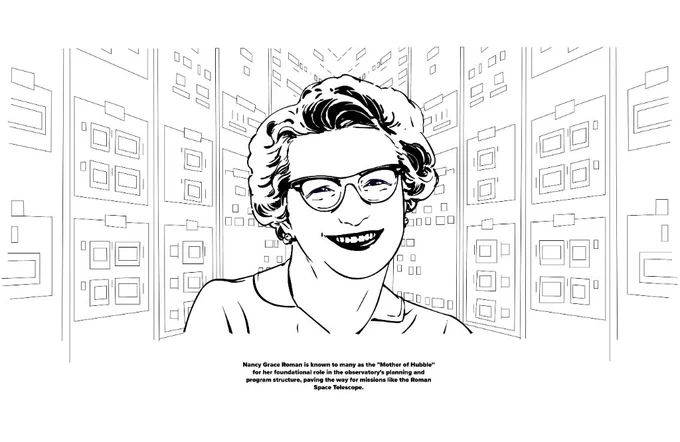 Nancy Grace Roman, NASA’s first chief astronomer, smiles out at us from our first color page. She’s considered the mother of our Hubble Space Telescope because she helped everyone understand why it was important to have observatories in space – not just on the ground. If it weren’t for her, Hubble might not have ever become a reality.
The Roman Space Telescope is named after her to honor the legacy she left behind when she died in 2018. Thanks to Nancy Grace Roman, we’ve taken countless pictures of space from orbiting telescopes and learned so much more about the universe than we could have possibly known otherwise!
