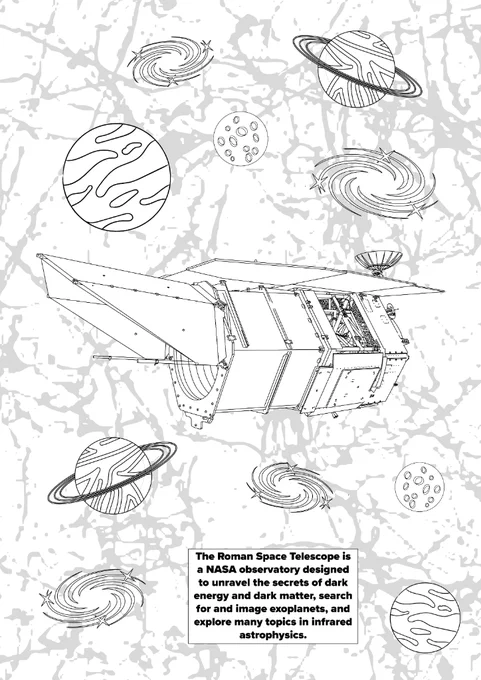 The second color page illustrates some of the exciting science topics the Roman Space Telescope will explore. Set to launch in the mid-2020s, the mission will view the universe in infrared light, which is like using heat vision. We’ll be able to peer through clouds of dust and see things that are much farther away.
We anticipate all kinds of discoveries from the edge of our solar system to the farthest reaches of space. This color page highlights a few of the things the Roman Space Telescope will help us learn more about. The mission will find thousands of planets beyond our solar system and hundreds of millions of galaxies. It will also help us unravel the mysteries of dark matter and dark energy, represented by the gray web-like pattern in the background. With so much exciting new data, who knows what else we may learn?