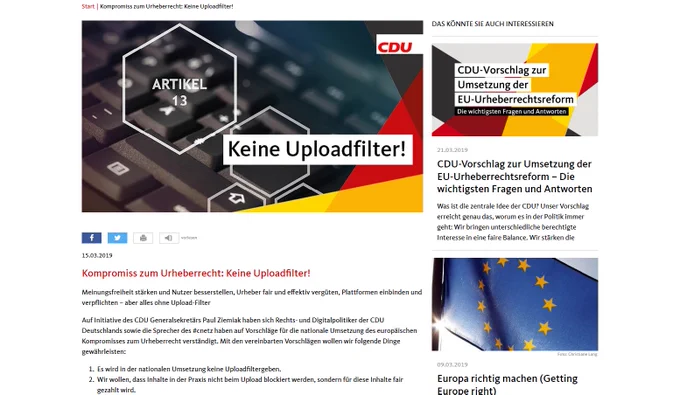CDU verkündet im Jahr 2019, es gäbe keine Uploadfilter
