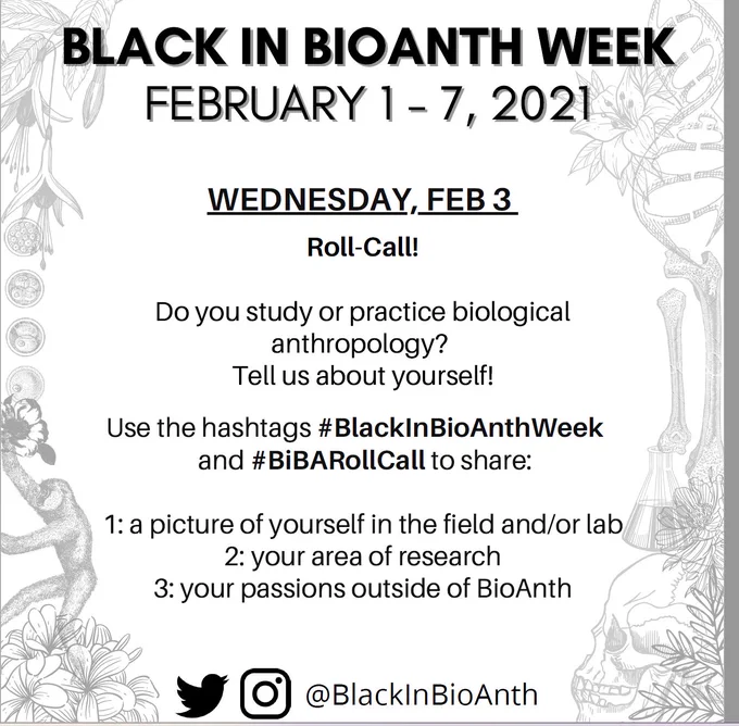  Black in BioAnth Week 
February 1-7, 2021
Wednesday, Feb 3-ROLL CALL 
Do you study or practice biological
anthropology?
Tell us about yourself!
Use the hashtags #BlackInBioAnthWeek
and #BiBARollCall to share:
1: a picture of yourself in the field and/or lab
2: your area of research
3: your passions outside of BioAnth