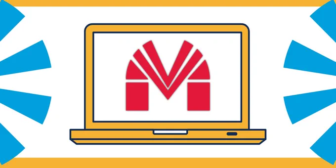 Colorful graphic with a laptop with the Mechanicville CSD logo