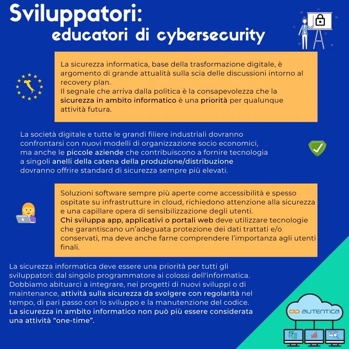 La sicurezza non è un optional nel lavoro dello sviluppatore. Certo l'argomento ci appare scontato e vagamente noioso, ma vediamola da più punti di vista. Se pensiamo alla sicurezza rispettiamo il concetto di sicurezza by design del GDPR, ma soprattutto facciamo un buon lavoro! Per noi sviluppatori e per i nostri utenti che impareranno a dare il giusto valore a chi si occupa della sicurezza dei loro dati. In tutte le fasi dello sviluppo, analisi e manutenzione comprese, dobbiamo chiederci: come stiamo a sicurezza dei dati? Diventerà un'abitudine..una di quelle buone.
