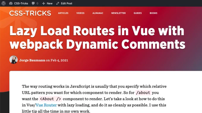 Blog article: Lazy Load Routes in Vue with webpack Dynamic Comments 
Link: https://css-tricks.com/lazy-load-routes-in-vue-with-webpack-dynamic-comments/